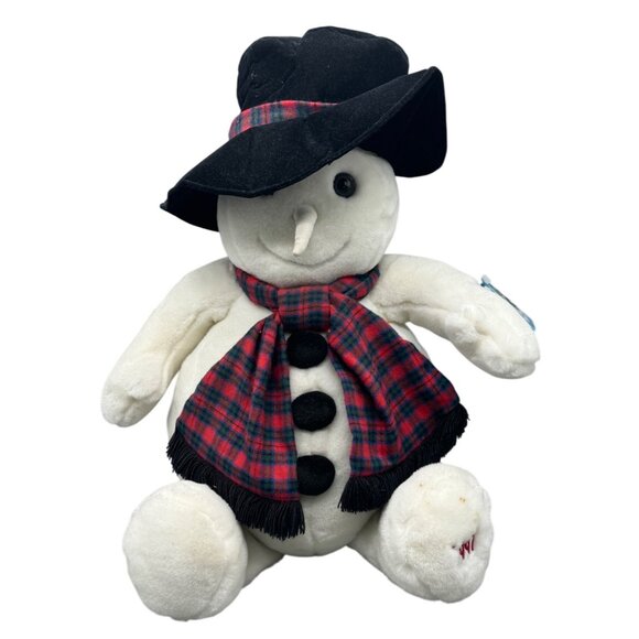 commonwealth snowden 1997 white Snowman Plush Toy top Hat & plaid Scarf 22" READ - Picture 1 of 14